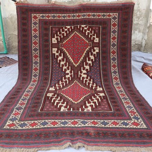 6&#39;5x9&#39;5 ft Vintage Turkmen Berjesta Mashwani Rug, Handmade Wool Area rug, Oriental Afghan Bohemian Berber Rugs for Bedroom, Geometric Carpet