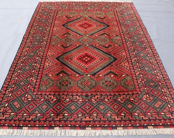 ハンドメイドのアフガニスタンウールラグ：5 x 7フィートの赤青
