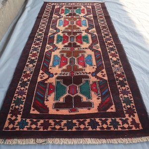 3x6 ft Antique Baluchi Rug, Afghan Handmade Wool Rug, Turkmen Tribal Oriental Rug, Vintage Caucasian Vintage Red Black Rug, Living Room Rug