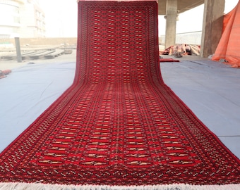 3'4x9'4 ft Red Vintage Runner Rug, Afghan Caucasian Handmade Wool Runner Rug, Turkmen Tribal Rug, Oriental Boho Rug, Kitchen, Hallway Runner