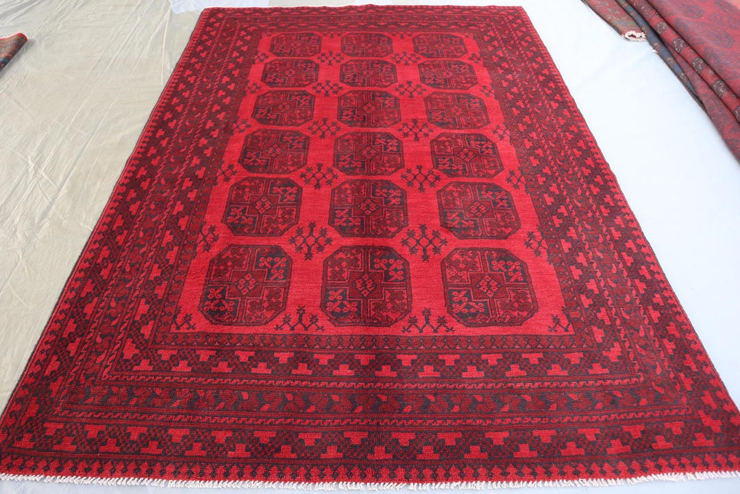 6'7x9'5 Ft Red Tekke Ersari Bukhara Rug Vintage Afghan Hand Knotted ...