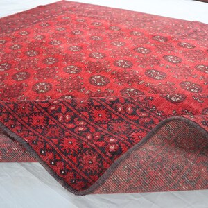 6&#39;4x9&#39;6 ft Red Mowri Bukhara Rug- Vintage Afghan Hand Knotted Wool Rug- Turkmen Tribal Ersari Soft Wool Rug- Oriental Area rug Office Carpet