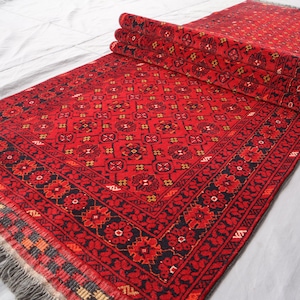 Bukhara 3x13 ft Long Runner Rug, Afghan Oriental Handmade Vintage rug, Turkmen Tribal Bashiri Wool Rug, Red Stairs Rug, 9 ft Hallway Runner