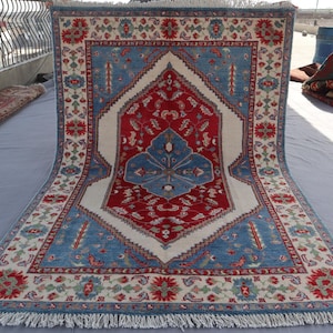 4x6 ft Afghan Blue Rug/ Handmade Wool Rug/ Red Medallion Design Rug/ Turkmen Tribal Rug/ Oriental Area Rug/ Bedroom Rug/ Living Room Carpet