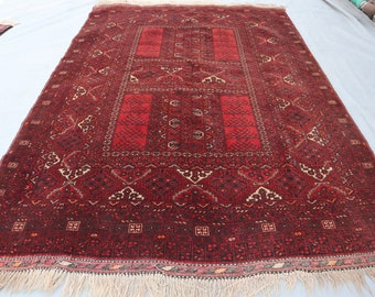 Red Afghan Parda Rug 5'4x7'7 ft, Vintage Handmade Wool Rug, Top Quality Veg Dyes Rug/ Turkmen Oriental Bukhara Rug/ Bedroom/ Office Carpet