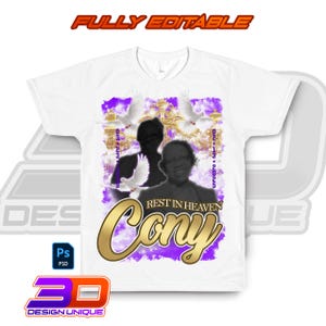 以下が含まれることがあります： 2つのグレースケールポートレート、鳩、テキスト「REST IN HEAVEN CORY」を特徴とするグラフィックデザインの白いTシャツ。デザインには紫と金のアクセントが含まれており、上部に「FULLY EDITABLE」、下部に「DESIGN UNIQUE」という文字があります。