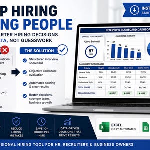May include: Laptop screen displaying an interview scorecard dashboard with candidate data and performance metrics. The screen shows the text "STOP HIRING WRONG PEOPLE" and "MAKE SMARTER HIRING DECISIONS WITH DATA, NOT GUESSWORK". The image also includes the text "INSTANT DOWNLOAD".