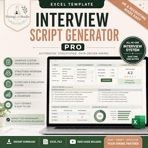 Interviewscriptgenerator Excel | Geautomatiseerde sollicitatievragen | Toolkit inhuren | Kandidaatbeoordelingssysteem | HR-sjablonen |