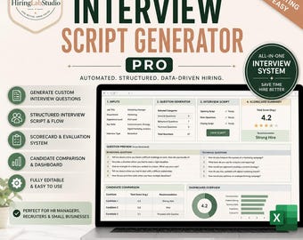 Generador de guiones de entrevista en Excel / Preguntas de entrevista automatizadas / Kit de herramientas de contratación / Sistema de evaluación de candidatos / Plantillas de RRHH /