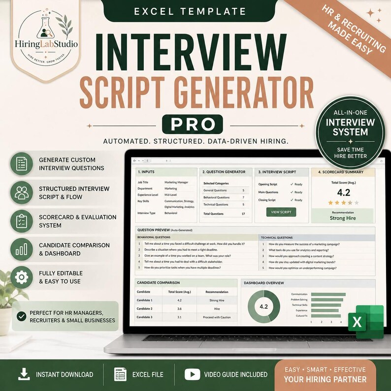 May include: An Excel template for an interview script generator, designed for HR and recruiting. The image shows a laptop displaying the software's interface, with features like custom question generation, scorecard, and candidate comparison. The template is automated and data-driven.