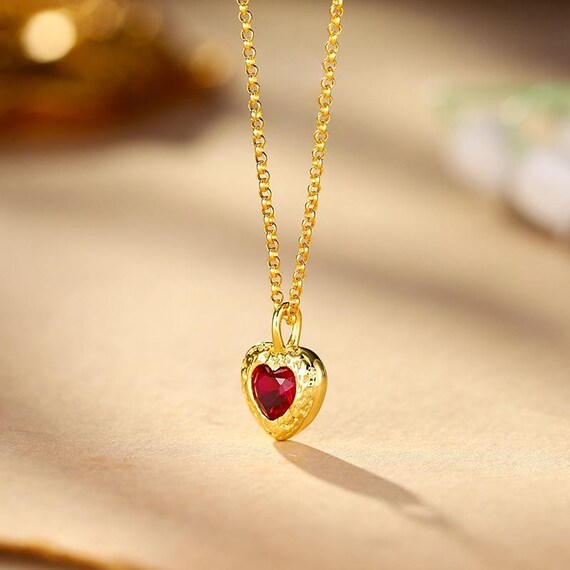 Vintage Lab Created Ruby Heart Shaped Pendant Cha… - image 3