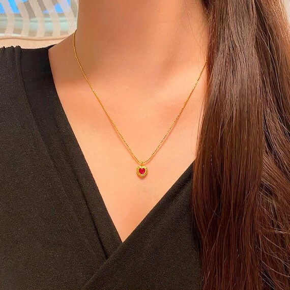 Vintage Lab Created Ruby Heart Shaped Pendant Cha… - image 2