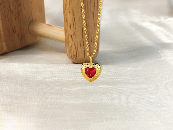 Vintage Lab Created Ruby Heart Shaped Pendant Cha… - image 1