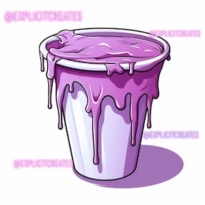 May include: A white styrofoam cup overflowing with bright purple liquid, dripping down the sides. The cup is isolated on a white background.