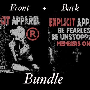 Puede incluir: Diseño gráfico en blanco y negro con el texto "EXPLICIT APPAREL" en rojo. El diseño presenta una cruz y una persona con la cabeza inclinada. El texto "BE FEARLESS, BE UNSTOPPABLE" también está en rojo. El texto "MEMBERS ONLY" está en blanco. El diseño es para un paquete de camisetas.