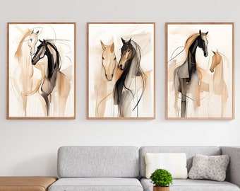 3er Set Prints Pferd Wandkunst, Neutrales Pferd Aquarelldruck, abstrakter Pferdedruck, bedruckbares Pferd, minimale Pferdezeichnung Pferdemalerei