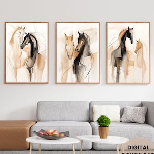 3er Set Prints Pferd Wandkunst, Neutrales Pferd Aquarelldruck, abstrakter Pferdedruck, bedruckbares Pferd, minimale Pferdezeichnung Pferdemalerei