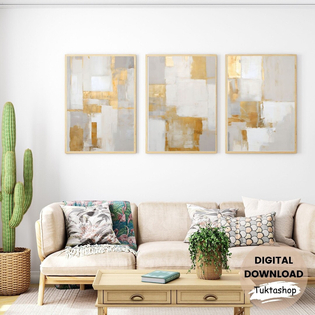 Set of 3 Prints Gold Gray Abstract Gallery Wall Art, Minimal Drawing