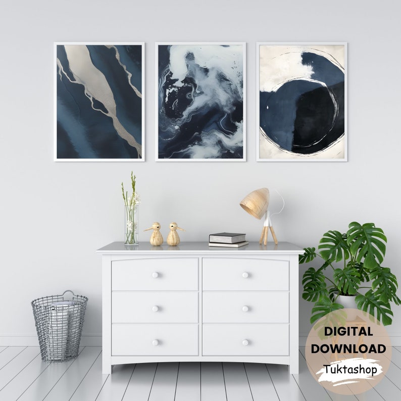 Set of 3 Prints Navy Blue Beach Abstract Gallery Wall Art, Neutral