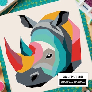 Rhinoceros FPP Quilt Pattern: Modern FPP • Animal Patchwork Quilt Block • FPP Vorlagen (30x30/60x60 inches)