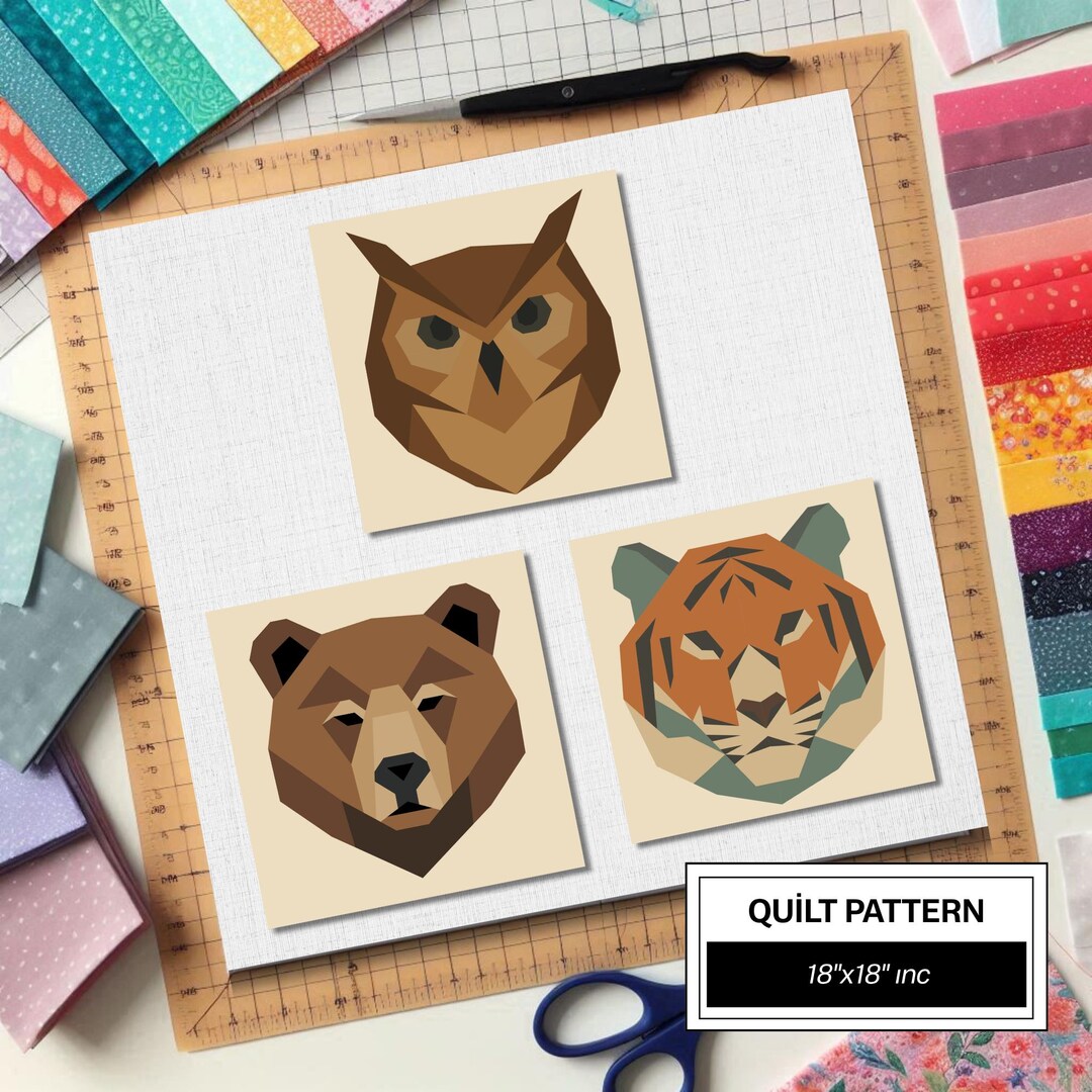 Tiger Bear Owl FPP Quilt Pattern: Easy Beginner Quilt Block • FPP ...