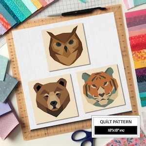 Tiger Bear Owl FPP Quilt Pattern: Easy Beginner Quilt Block • FPP Vorlagen • Modern FPP • Animal Patchwork Quilt Block