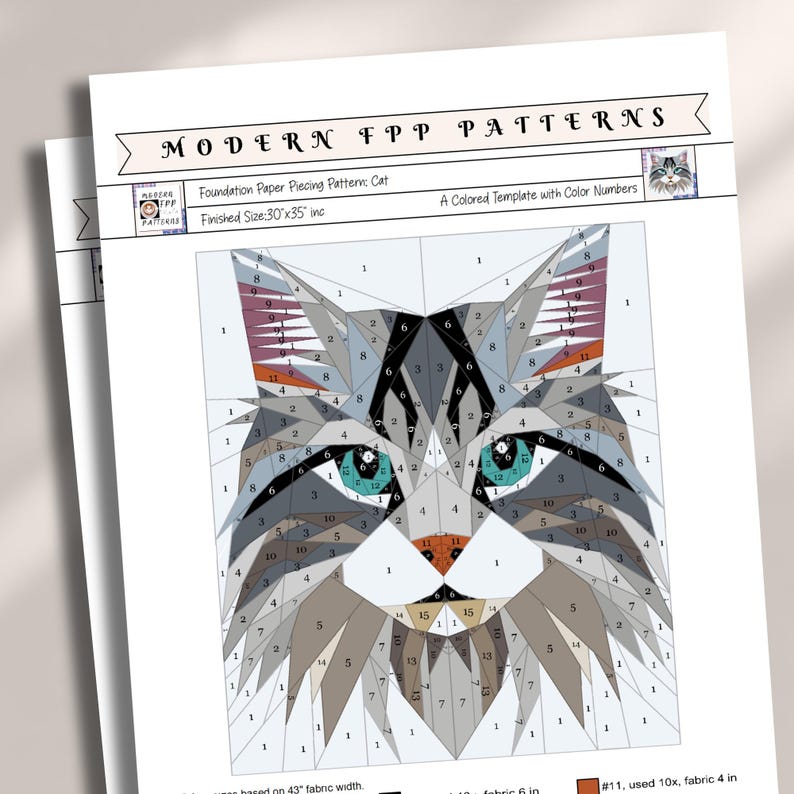 Fpp Patchwork Cat FPP Quilt Pattern: Modern FPP • Animal Patchwork Quilt Block • FPP ...