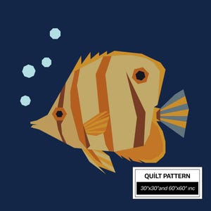 Puede incluir: Ilustración geométrica de un pez con rayas naranjas y beige, aletas y cola, sobre un fondo azul oscuro con burbujas azul claro. La imagen incluye el texto "QUILT PATTERN" y medidas de 76cm x 76cm y 152cm x 152cm.