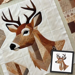 Deer Gründerin Paper Pıecıng Pattern,Quilt schnittmuster Deer desıgn,Patchwork nähmuster für Rehe,Tier patchwork, FPP schnittmuster