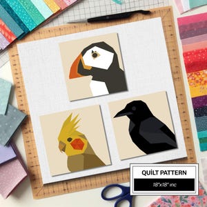 Patrón de colcha FPP de cuervo, frailecillo y cacatúa: Bloque de colcha fácil para principiantes • Plantillas FPP • FPP moderno • Bloque de colcha de patchwork de animales