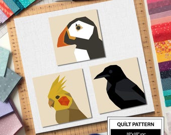 Patrón de colcha FPP de cuervo, frailecillo y cacatúa: Bloque de colcha fácil para principiantes • Plantillas FPP • FPP moderno • Bloque de colcha de patchwork de animales