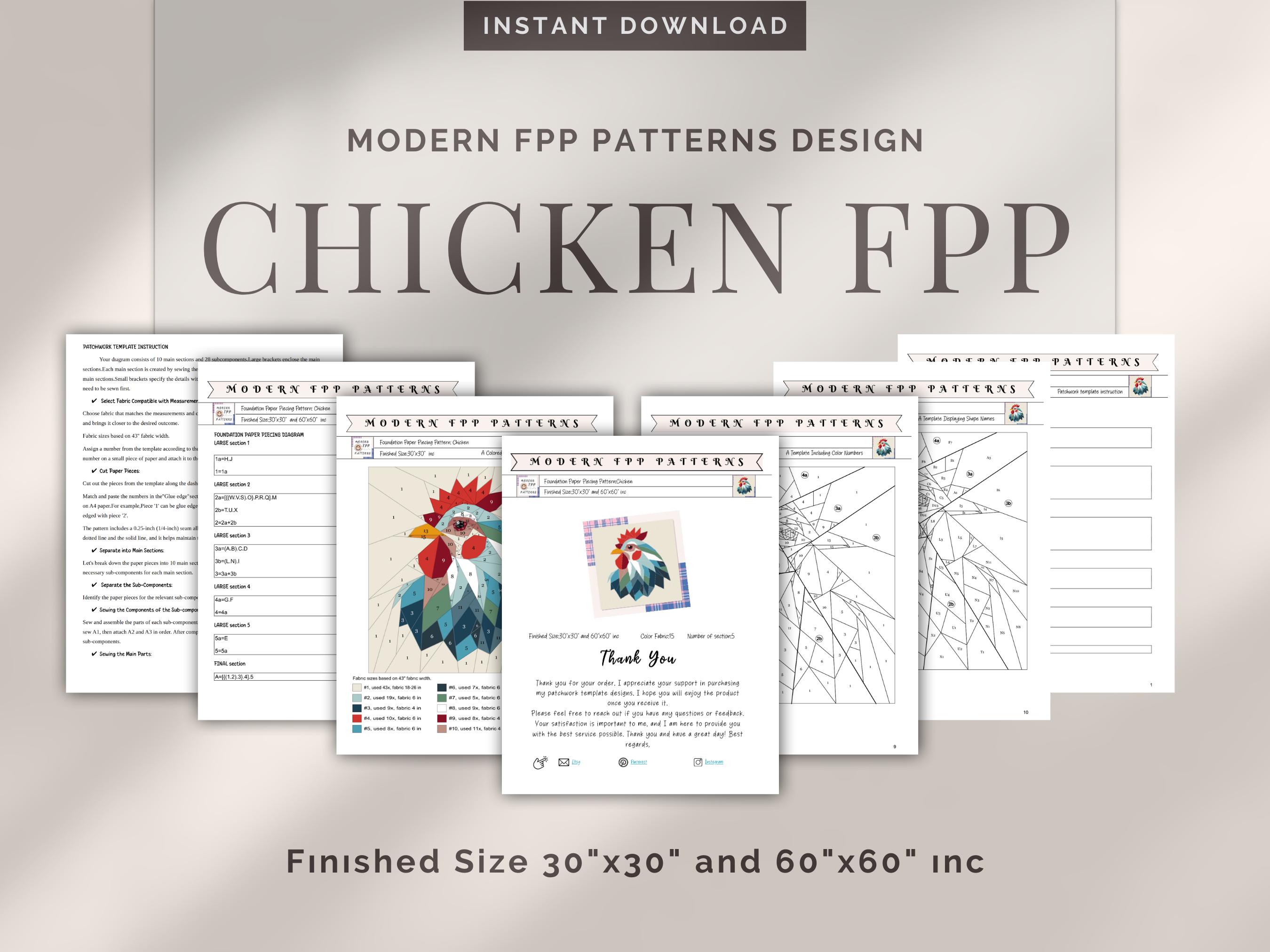 Fpp Pattern Design Chicken FPP Quilt Pattern: Modern FPP • Animal Patchwork Quilt Block ...