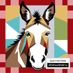 Donkey Quilt Pattern: Modern FPP • Animal Patchwork Quilt Block • FPP Vorlagen (30x30/60x60 inches)