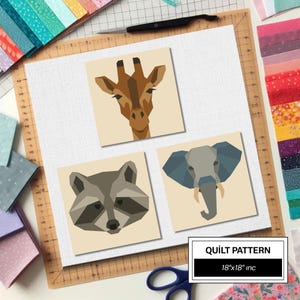 Giraffe Elephant Raccoon FPP Quilt Pattern: Easy Beginner Quilt Block • FPP Vorlagen • Modern FPP • Animal Patchwork Quilt Block