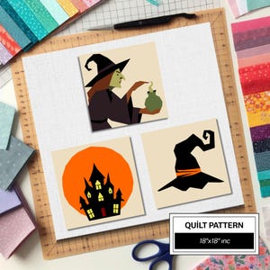 Halloweenhäxa FPP Quiltmönster: Häxhatt och hemsökt slott • Enkelt nybörjarquiltblock • Modern FPP • FPP Förlagen
