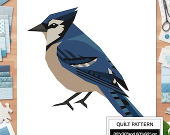 Blue Jay Bird FPP Quilt Pattern: Modern FPP • Animal Patchwork Quilt Block • FPP Vorlagen (30x30/60x60 inches)