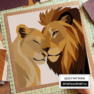 Lion Lovers FPP-quiltpatroon: moderne FPP • Quiltblok met dierenpatchwork • FPP-vorlagen (30 x 30/60 x 60 inch)