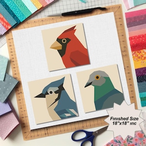 Blue Jay, Pigeon, Cardinal Bird Quilt Pattern: FPP Patchwork (PDF Download)