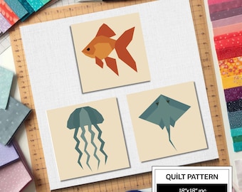 Patrón de colcha FPP de pez dorado, raya y medusa: Bloque de colcha fácil para principiantes • Plantillas FPP • FPP moderno • Bloque de colcha de patchwork de animales