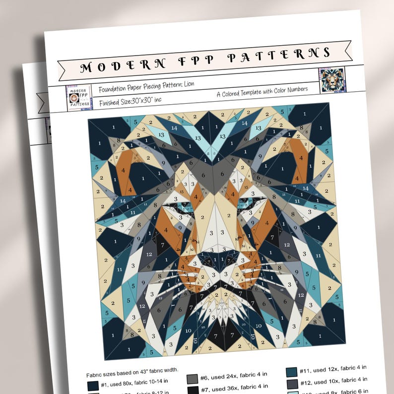 Lion FPP Quilt Pattern: Modern FPP • Animal Patchwork Quilt Block • FPP ...