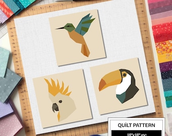 Toucan Hummingbird Cockatoo Bird FPP Quilt Pattern: Easy Beginner Quilt Block • FPP Vorlagen • Modern FPP • Animal Patchwork Quilt Block
