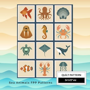 Sea Animals FPP Quilt Pattern: Easy Beginner Quilt Block • FPP Vorlagen • Modern FPP • Animal Patchwork Quilt Block