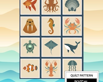 Sea Animals FPP-quiltpatroon: eenvoudig quiltblok voor beginners • FPP Vorlagen • Modern FPP • Quiltblok met dierenpatchwork