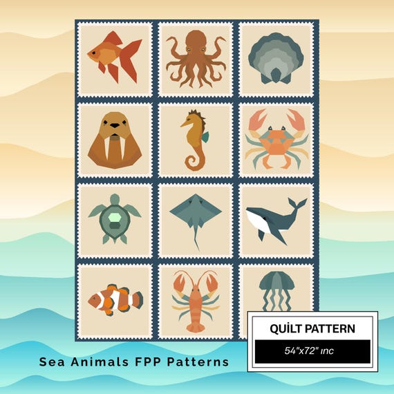 Sea Animals FPP Quilt Pattern: Easy Beginner Quilt Block • FPP Vorlagen • Modern FPP • Animal Patchwork Quilt Block