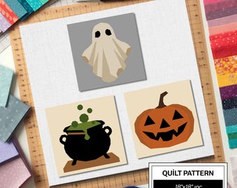 Halloween Pumpkin Ghost Cauldron FPP Quilt Pattern: Modern FPP • Easy Beginner Quilt Block • FPP Vorlagen