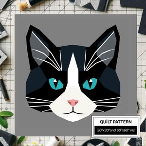 Tuxedo Cat FPP Quilt Pattern: Modern FPP • Animal Patchwork Quilt Block • FPP Vorlagen (30x30/60x60 inches)