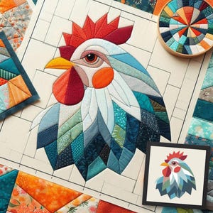 Kippen FPP Quiltpatroon: Moderne FPP • Quiltblok met dierenpatchwork • FPP-sjablonen (76x76 cm / 152x152 cm)