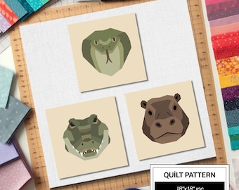 Modello per trapunta FPP con serpente, ippopotamo e coccodrillo: blocco per trapunta facile per principianti • FPP Vorlagen • FPP moderno • Blocco per trapunta patchwork con animali