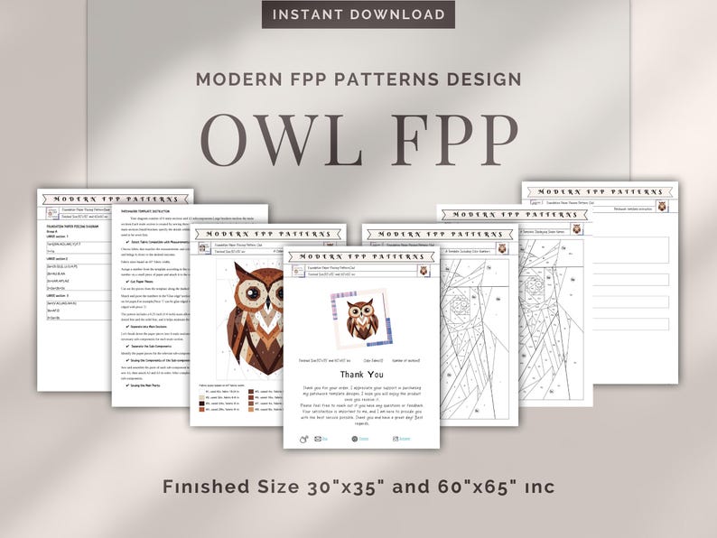 K&ouml;nnte beinhalten: Ein digitaler Download-Muster f&uuml;r ein modernes Papier-Piecing (FPP) Eulen-Design. Das Muster enth&auml;lt Anweisungen und Diagramme zum Erstellen einer Eule in zwei Gr&ouml;&szlig;en: 76 cm x 89 cm und 152 cm x 165 cm.
