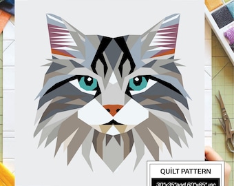 Cat FPP Quilt Pattern: Modern FPP • Animal Patchwork Quilt Block • FPP Vorlagen (30x35/60x65 inches)